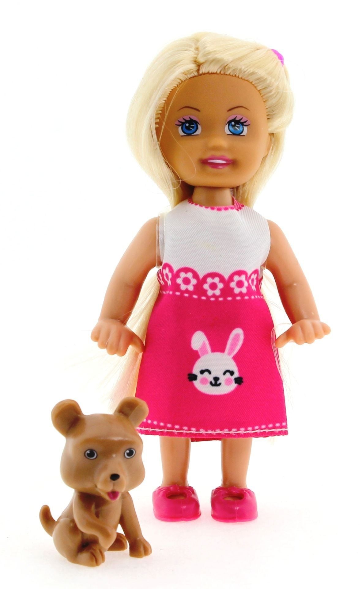 Cute Girl Kahverengi Köpekli ve Sarışın Mini Bebek