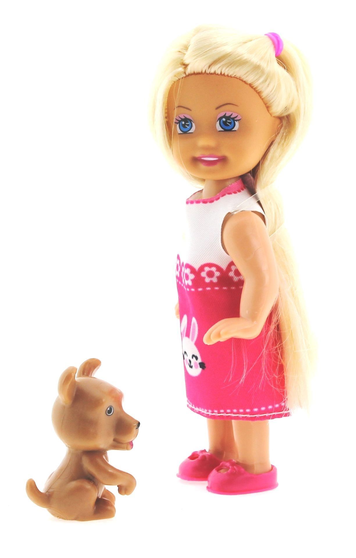 Cute Girl Kahverengi Köpekli ve Sarışın Mini Bebek