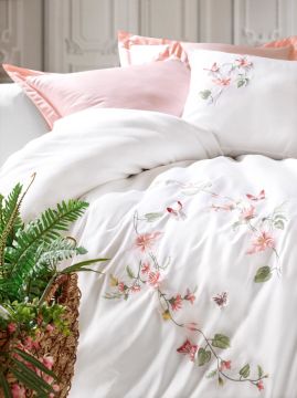 Cotton Box 3D Nakışlı Çift Kişilik Saten Nevresim Takımı Luna Pudra