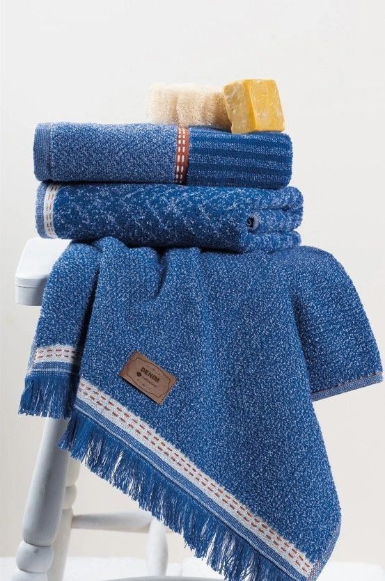 Cotton Box 3'lü Jakarlı Havlu Seti Denim Mavi 50x90