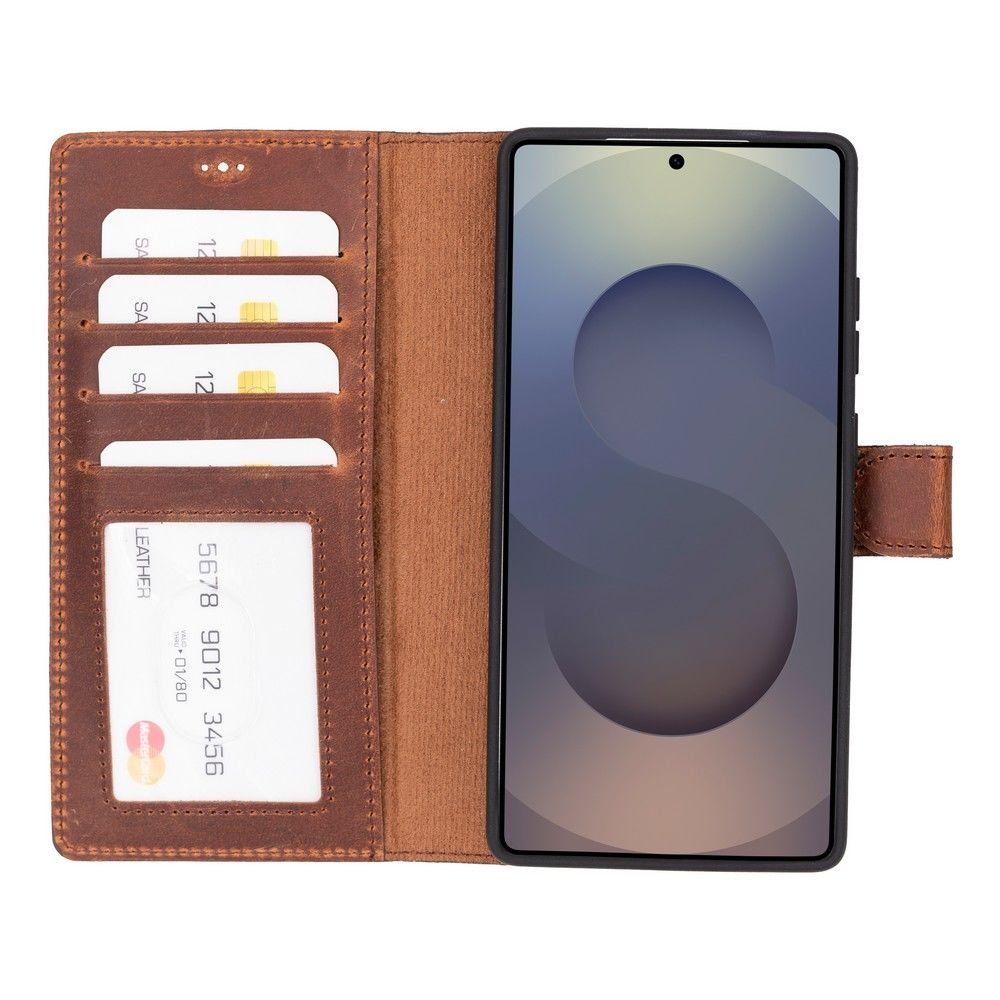 Samsung Galaxy S25 Ultra uyumlu, Hakiki Deri, El Yapımı, Cüzdanlı Kılıf, Antik Kahve