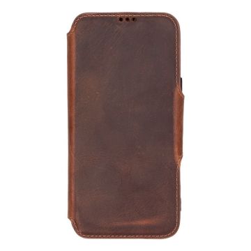 Apple iPhone 16 Pro Max uyumlu, Hakiki Deri, El Yapımı, Cüzdanlı Kılıf, Antik Kahve