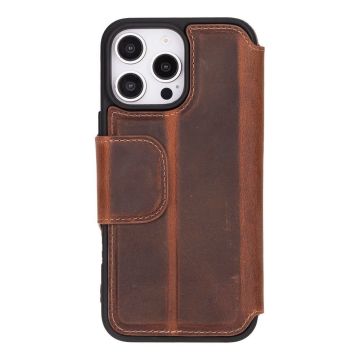 Apple iPhone 16 Pro Max uyumlu, Hakiki Deri, El Yapımı, Cüzdanlı Kılıf, Antik Kahve