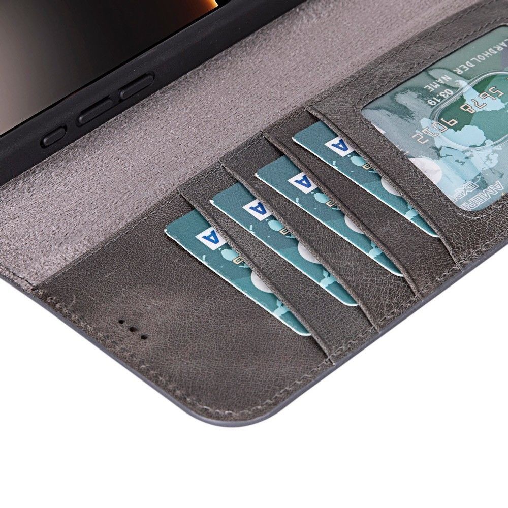 Apple iPhone 16 Pro uyumlu, Hakiki Deri, El Yapımı, Cüzdanlı Kılıf, Gölgeli Gri